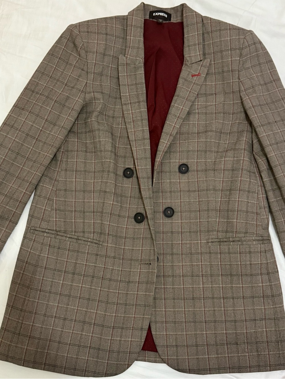 Express Taupe Plaid Double-Breasted Blazer with Maroon Lining